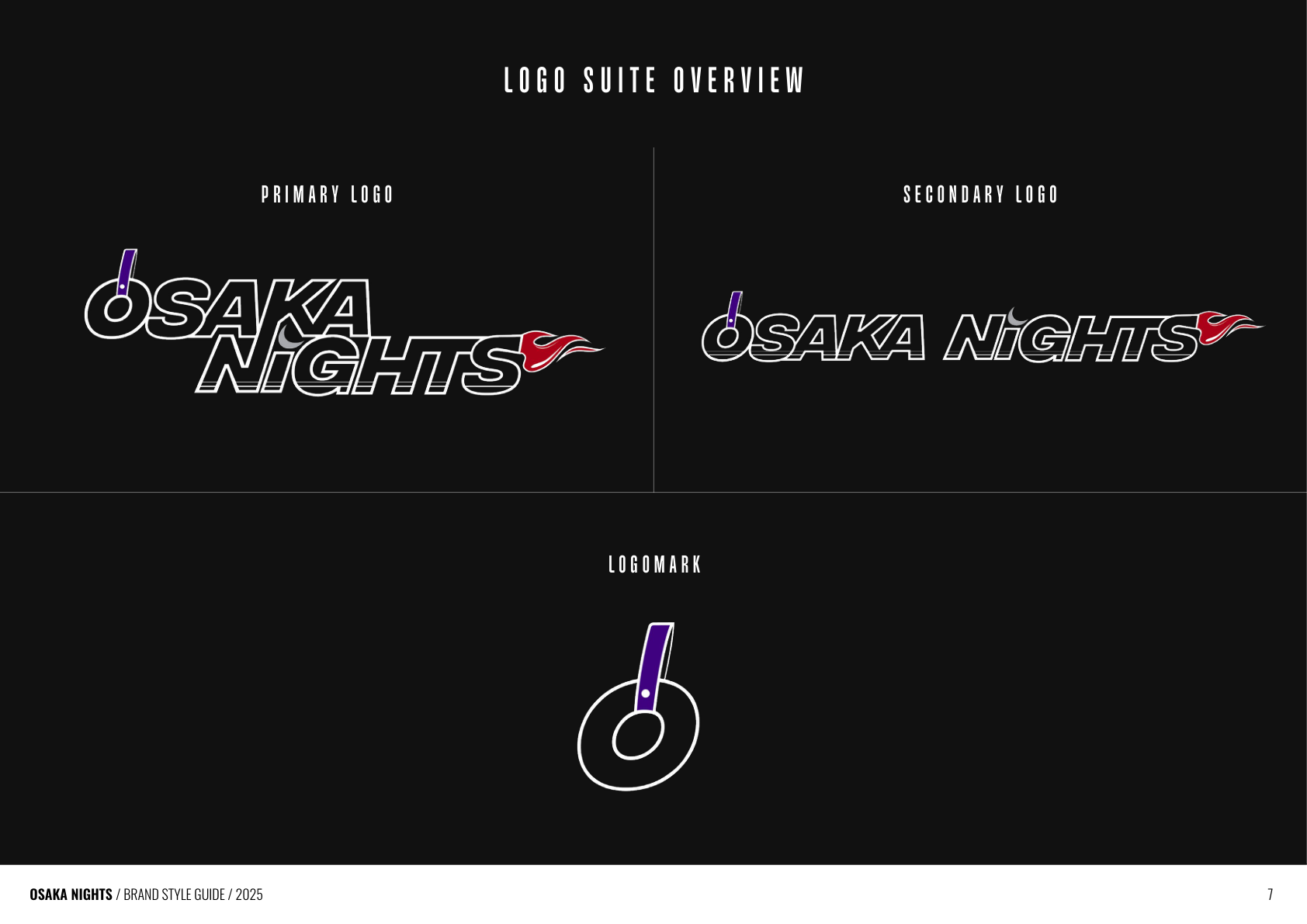 Osaka Nights logo suite overview: primary logo, secondary logo, and logomark by Kimmy Tran Designs
